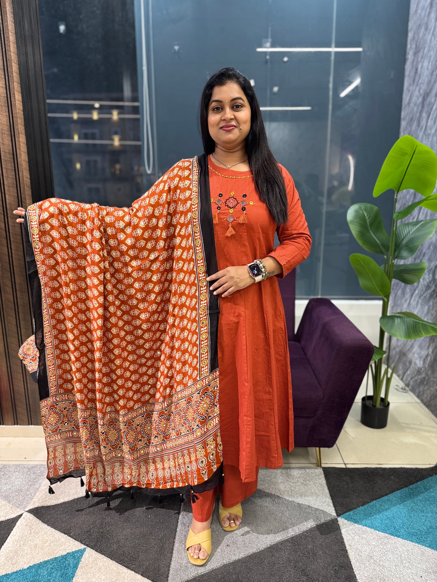 Bottle Green Kali Pattern Kurti Pant dupatta set