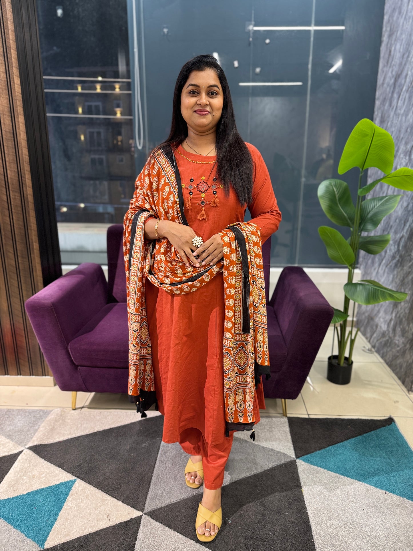 Bottle Green Kali Pattern Kurti Pant dupatta set