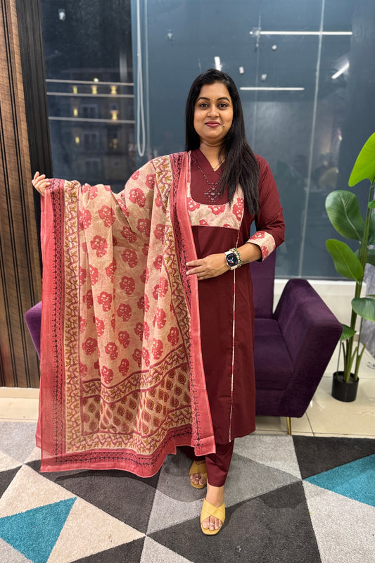 Batik Patch work Maroon Suit Set
