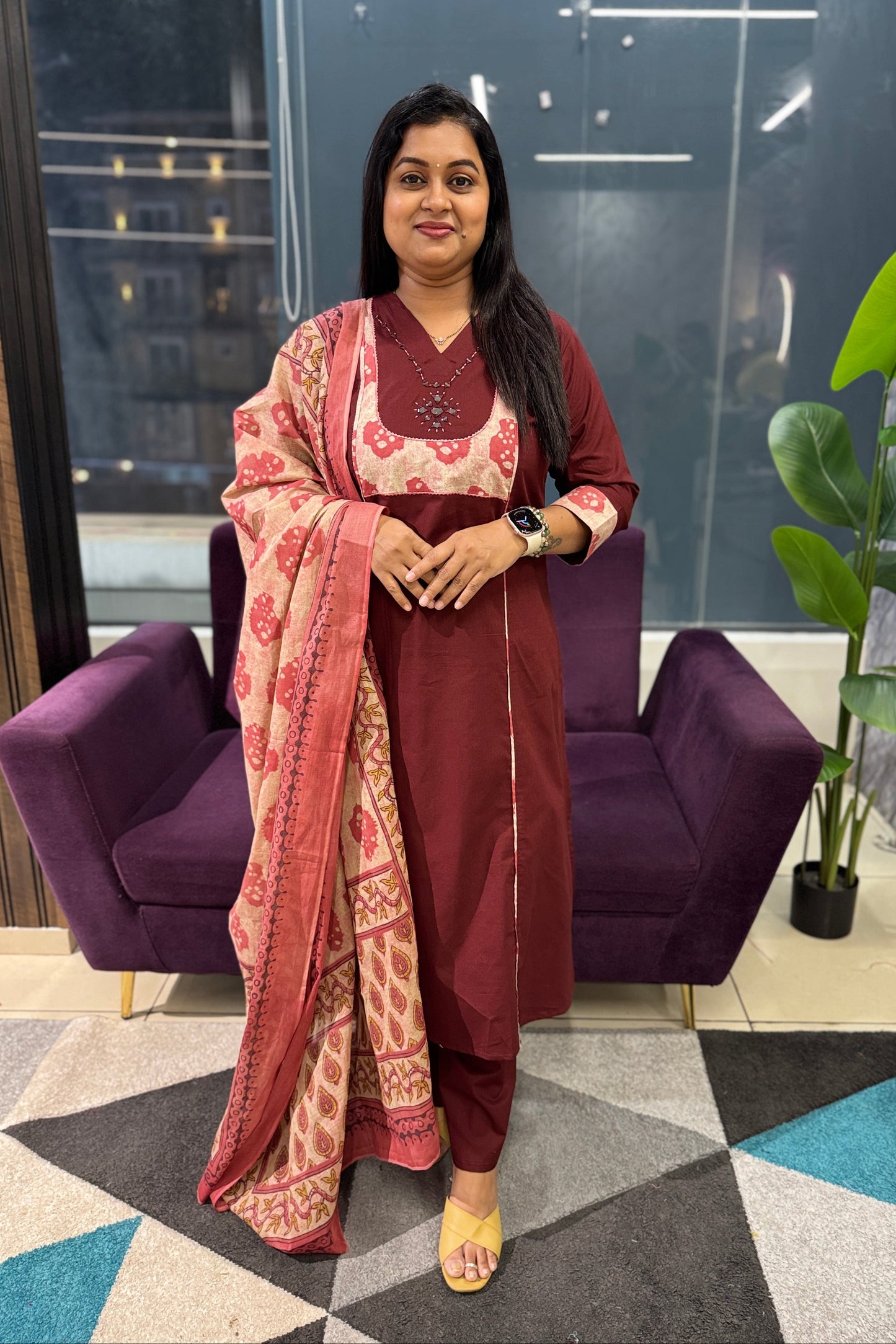 Batik Patch work Maroon Suit Set