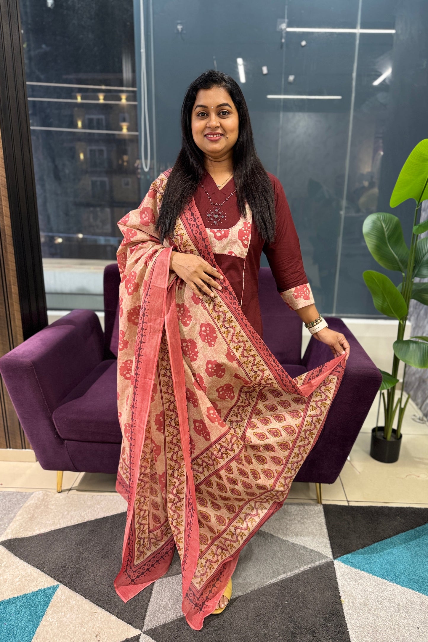 Batik Patch work Maroon Suit Set