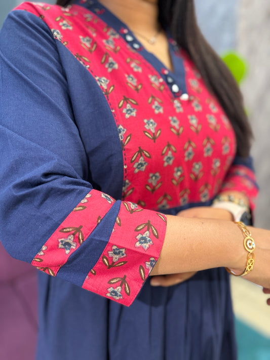 Blue and Pink Mirror work Kurti Pant Dupatta