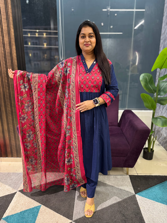 Blue and Pink Mirror work Kurti Pant Dupatta