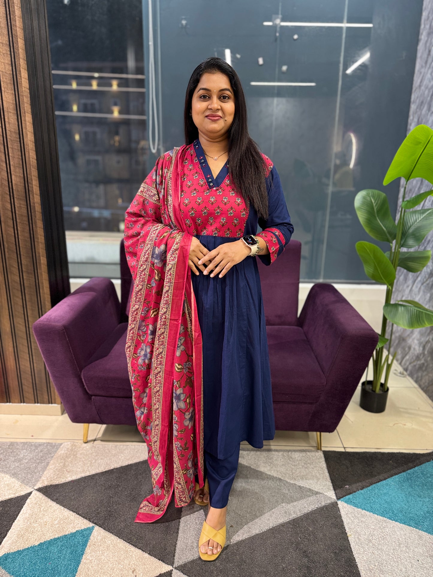 Blue and Pink Mirror work Kurti Pant Dupatta