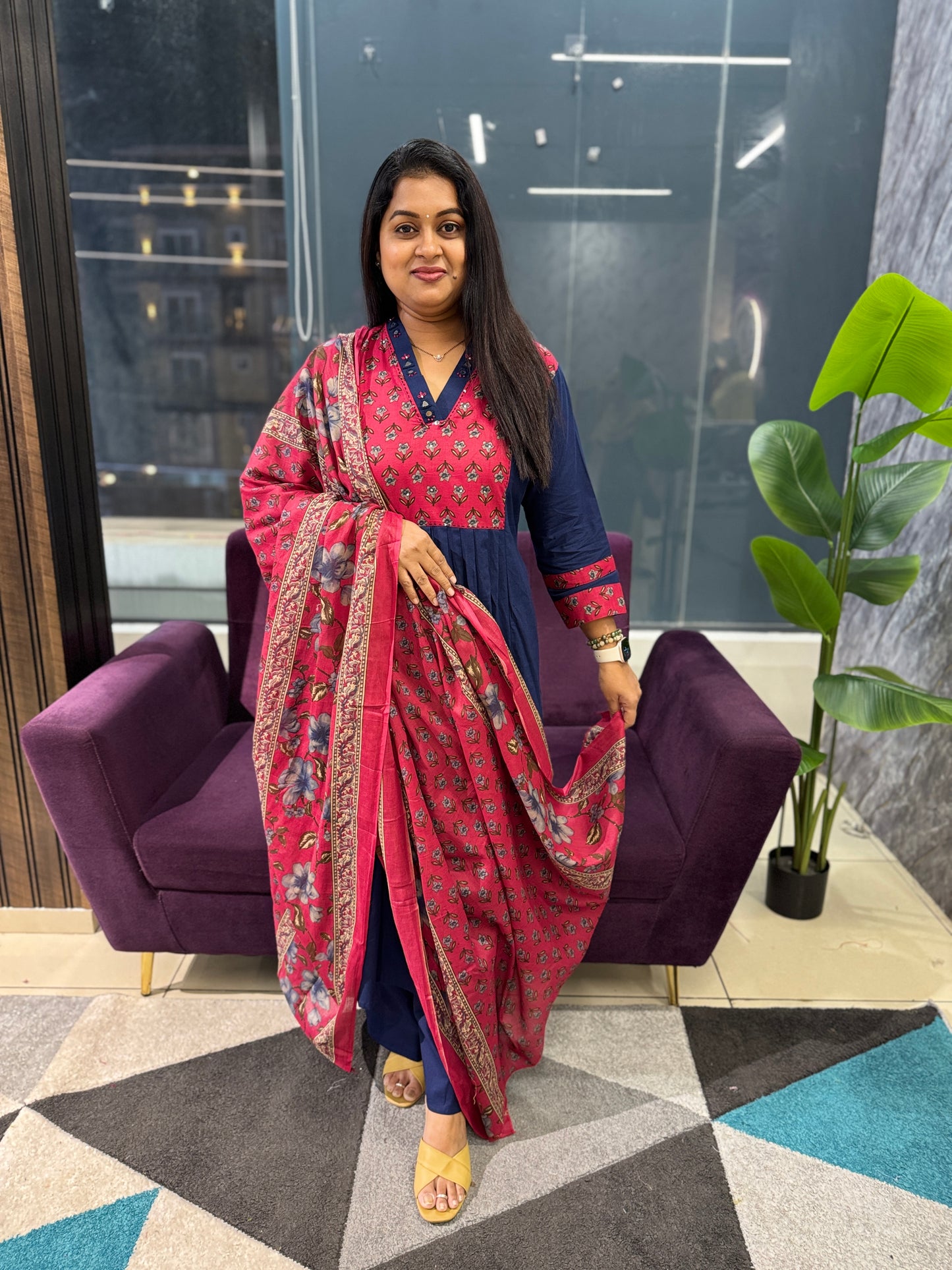 Blue and Pink Mirror work Kurti Pant Dupatta