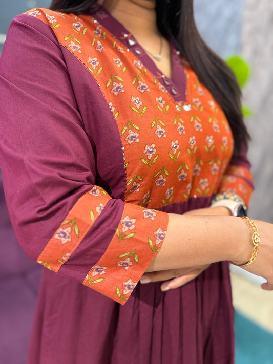 Maroon and Rust Orange Mirror work Kurti pant Dupatta