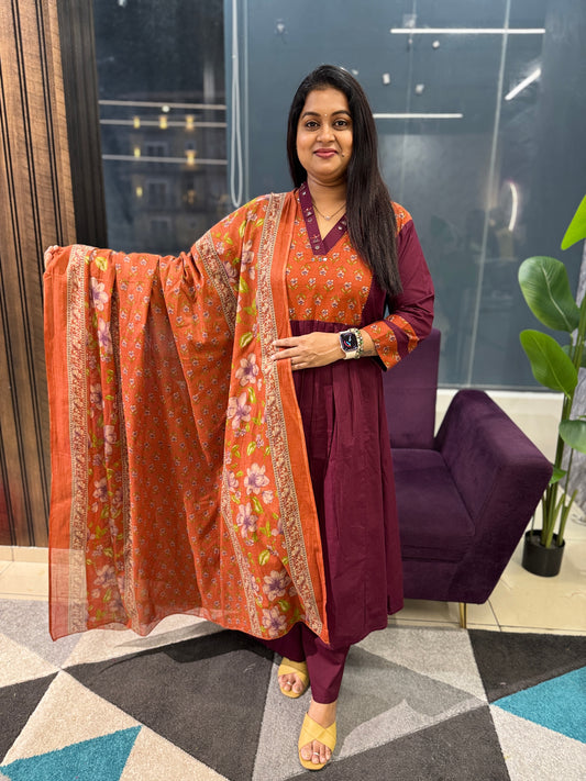 Maroon and Rust Orange Mirror work Kurti pant Dupatta