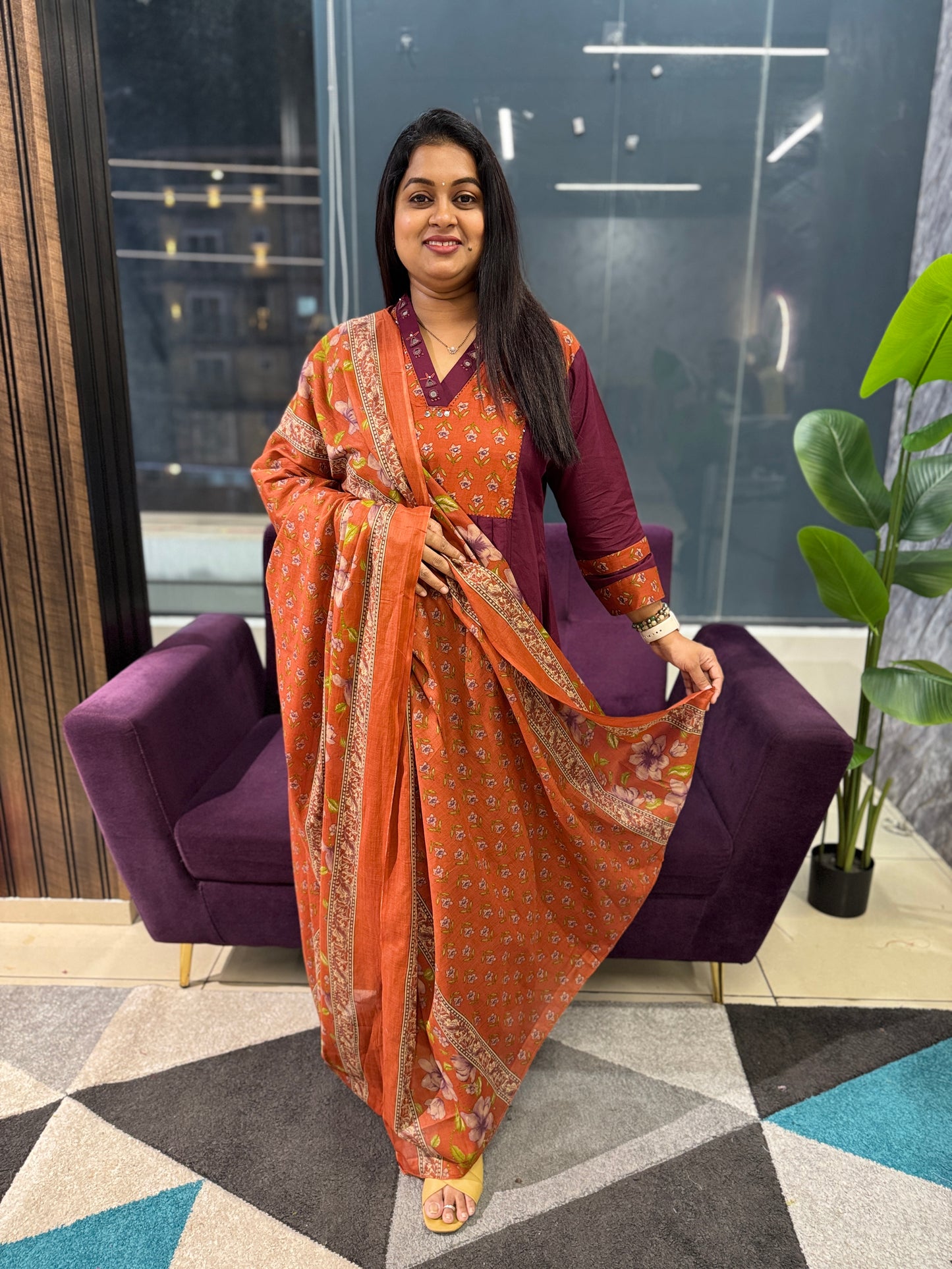 Maroon and Rust Orange Mirror work Kurti pant Dupatta