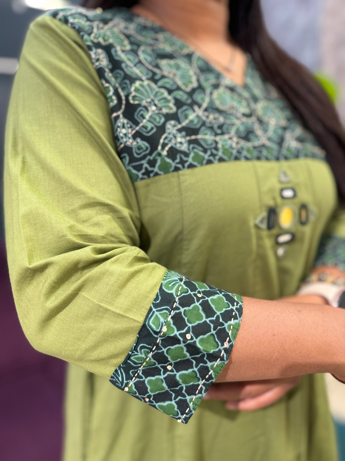 Green Mirror work cotton kurti pant dupatta