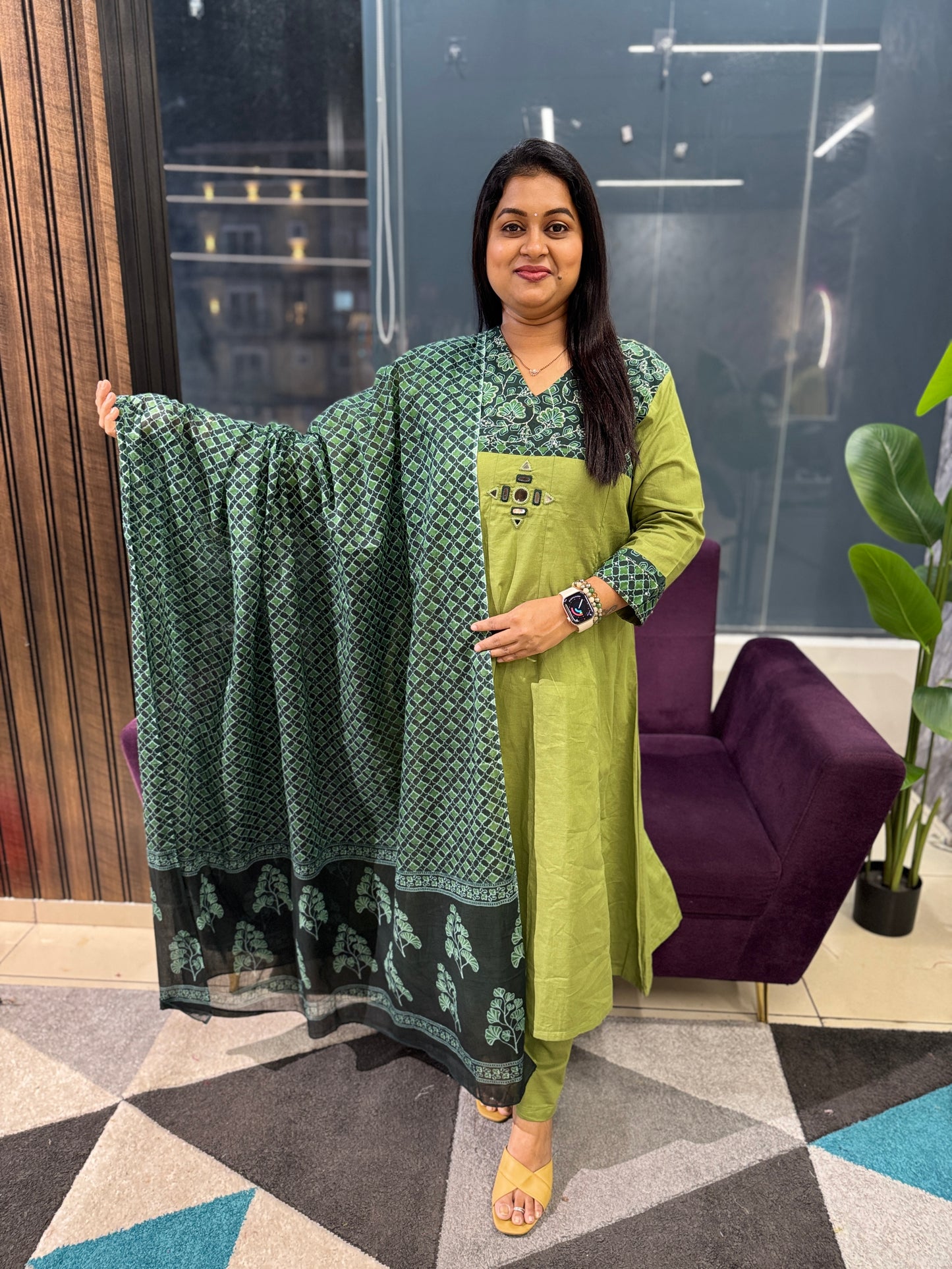Green Mirror work cotton kurti pant dupatta