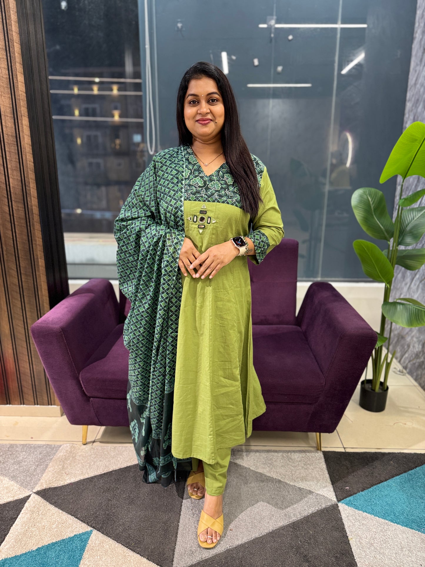 Green Mirror work cotton kurti pant dupatta