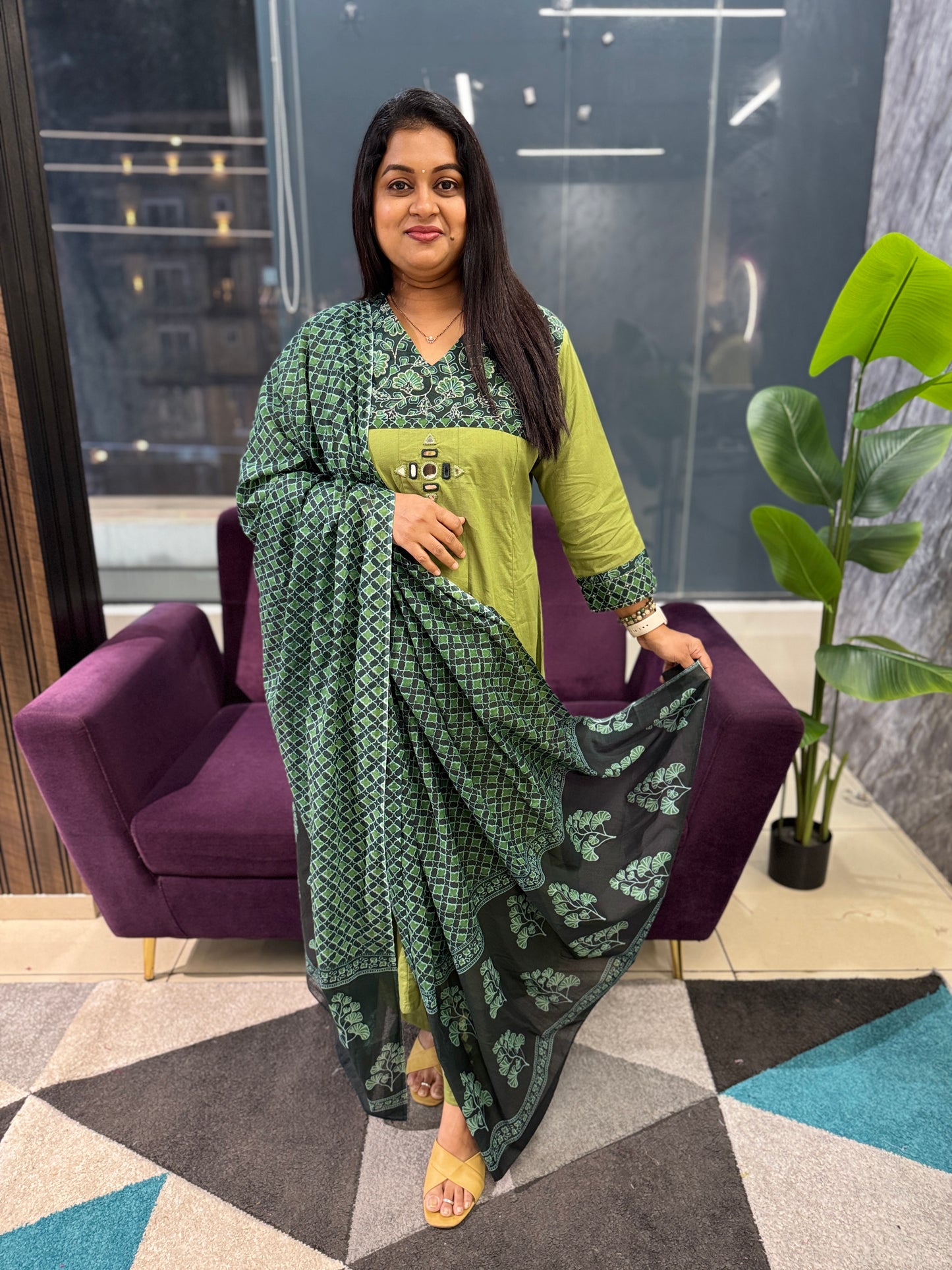 Green Mirror work cotton kurti pant dupatta