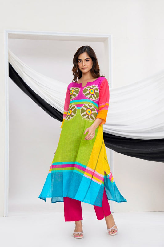 Multicolour Mulcotton Vintage Style Kurti Pant