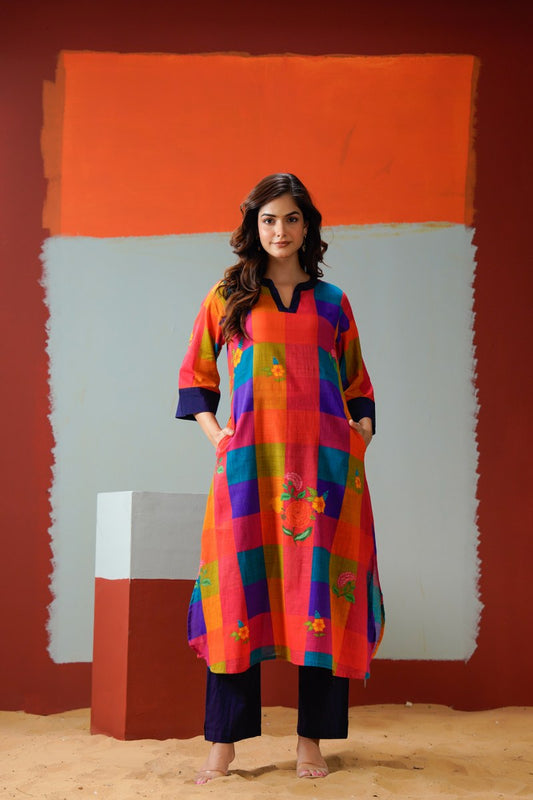 Multicolour Checks Pattern Vintage Style Kurti Pant
