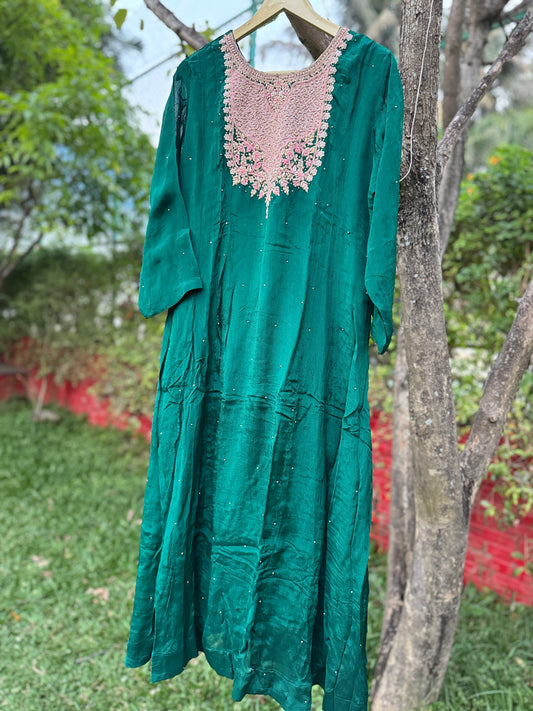 Bottle Green Pure Chinnon Handwork Chinnon Suit Set
