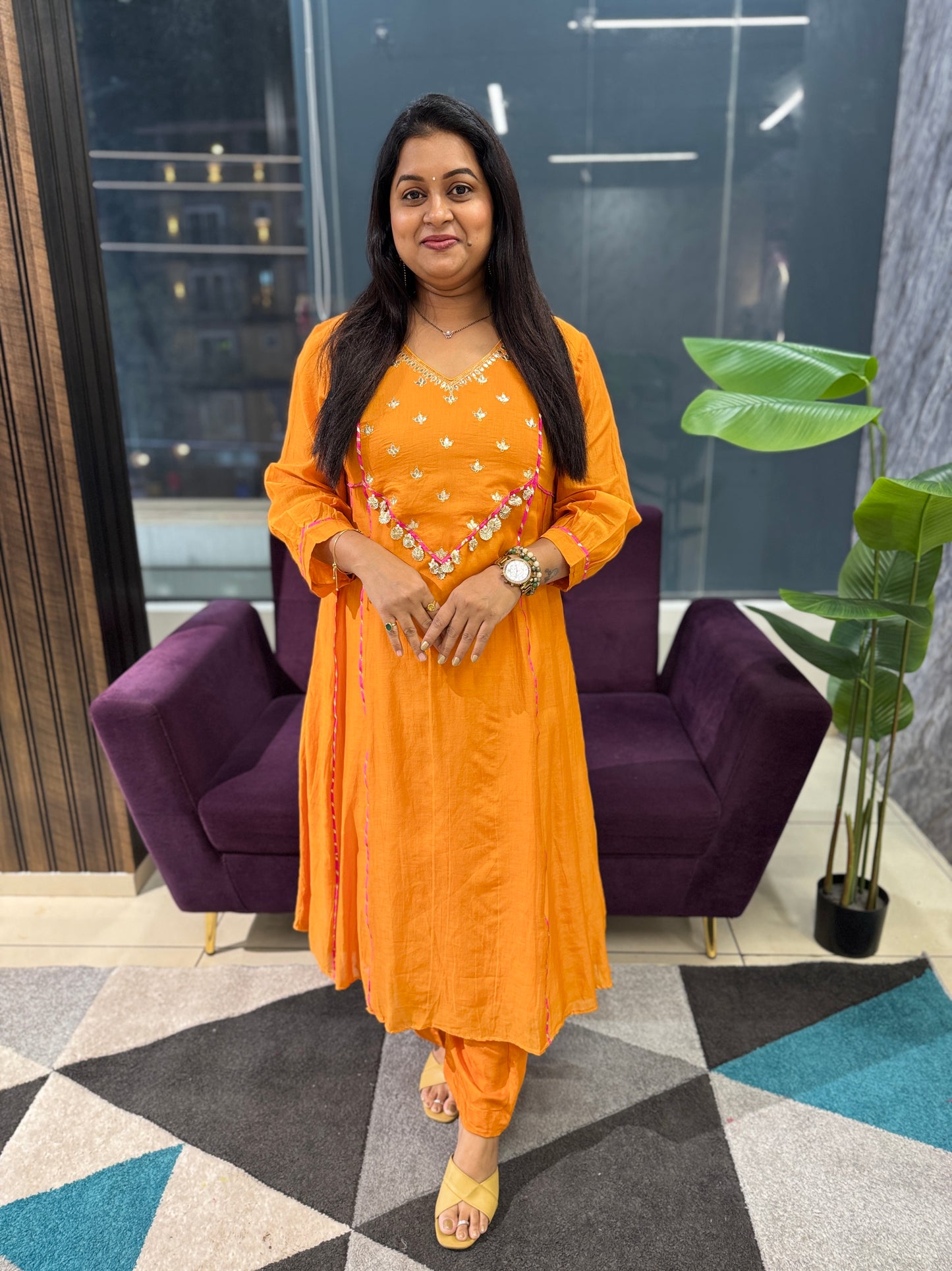Orange Mulcotton Zari work Suit Set