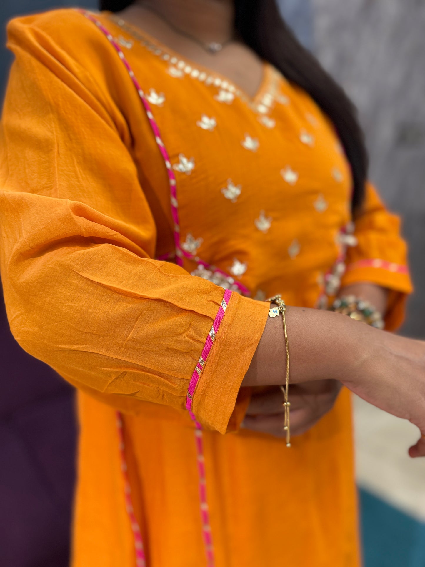 Orange Mulcotton Zari work Suit Set