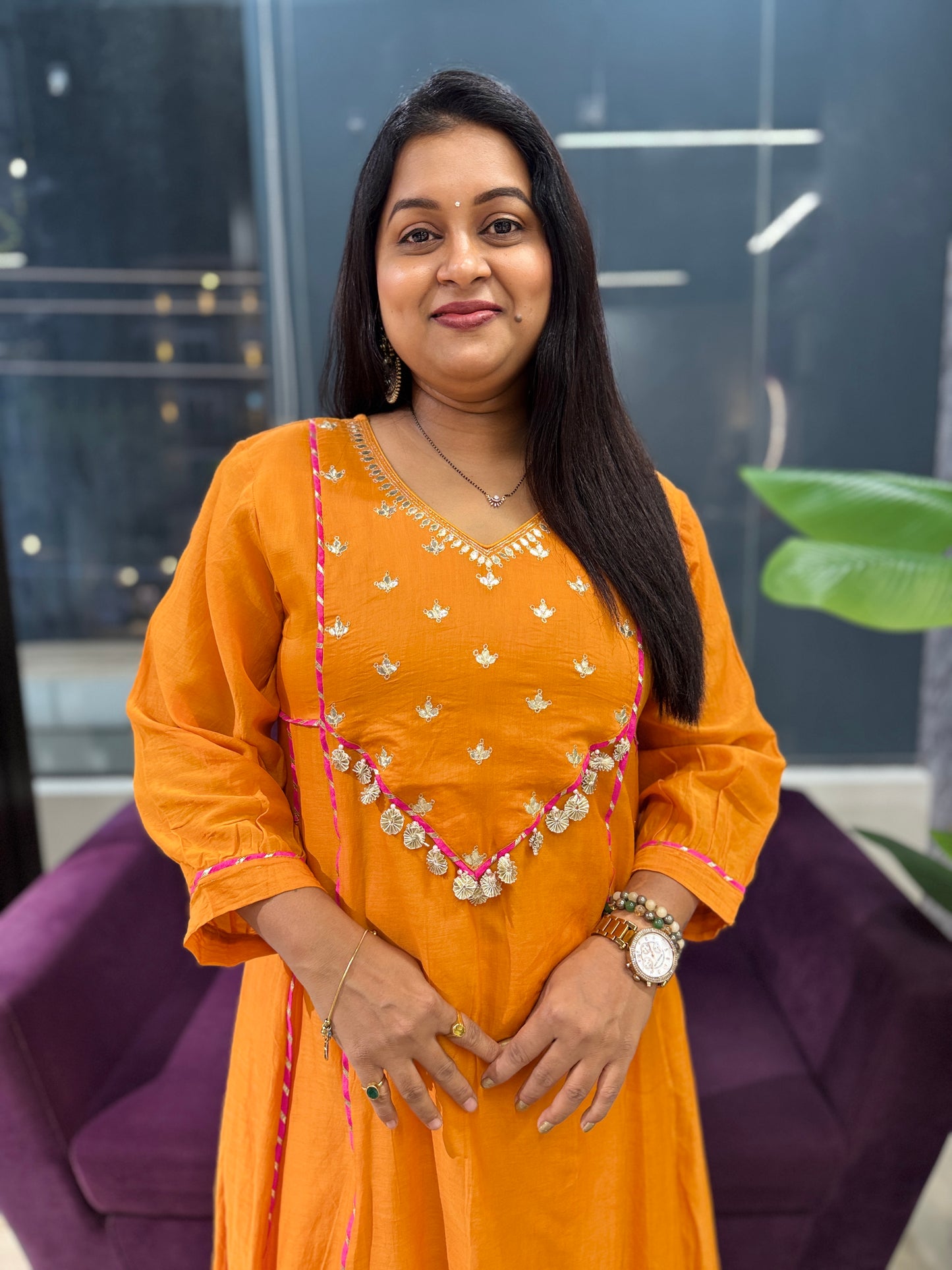 Orange Mulcotton Zari work Suit Set