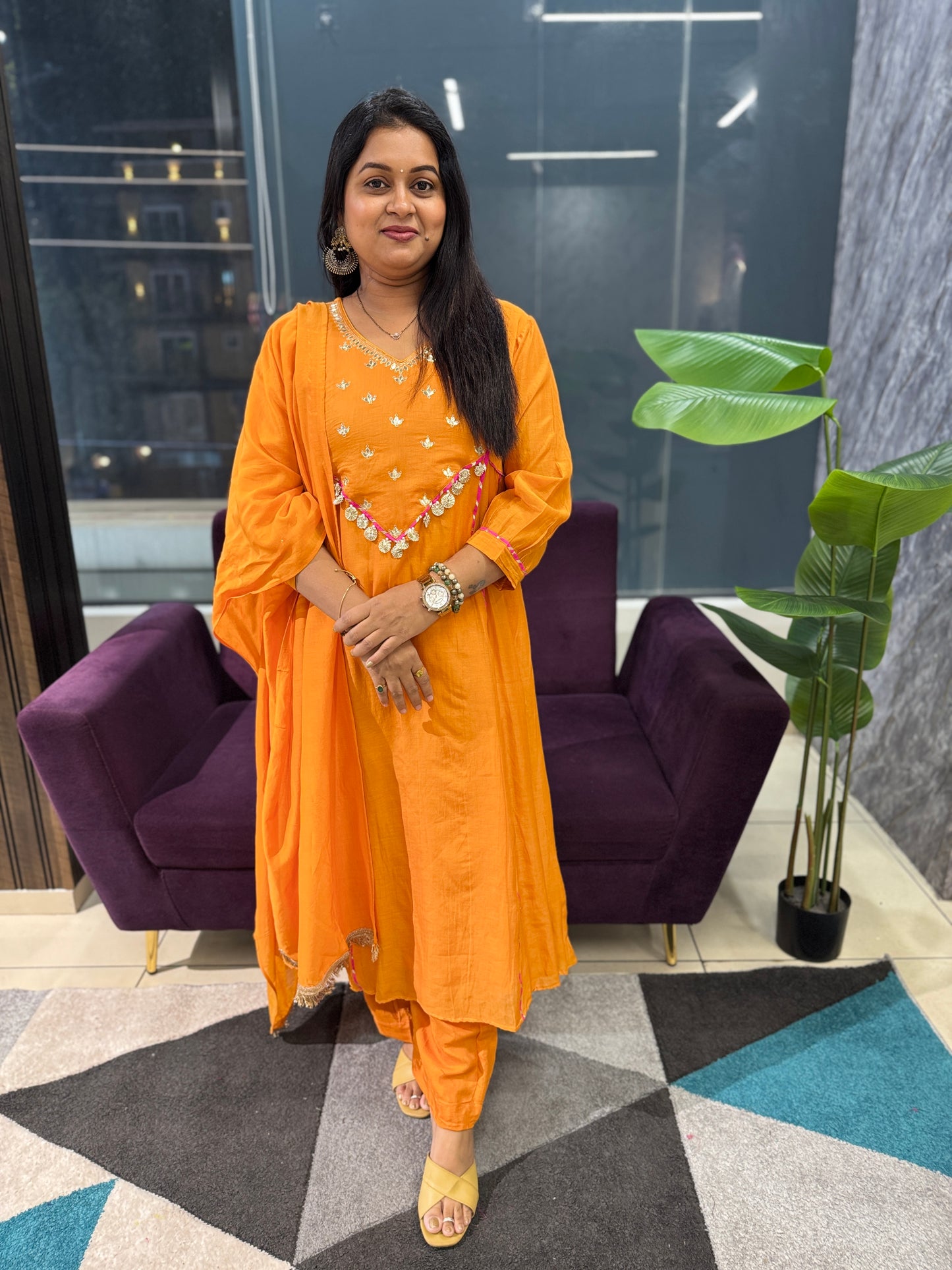 Orange Mulcotton Zari work Suit Set