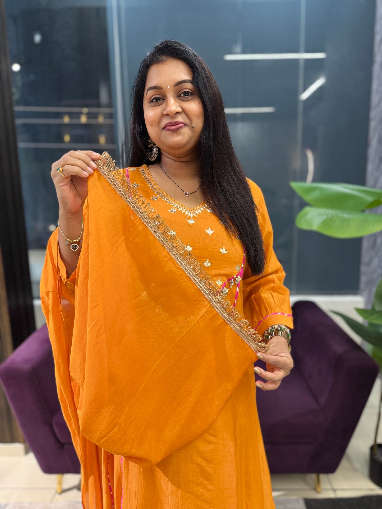 Orange Mulcotton Zari work Suit Set