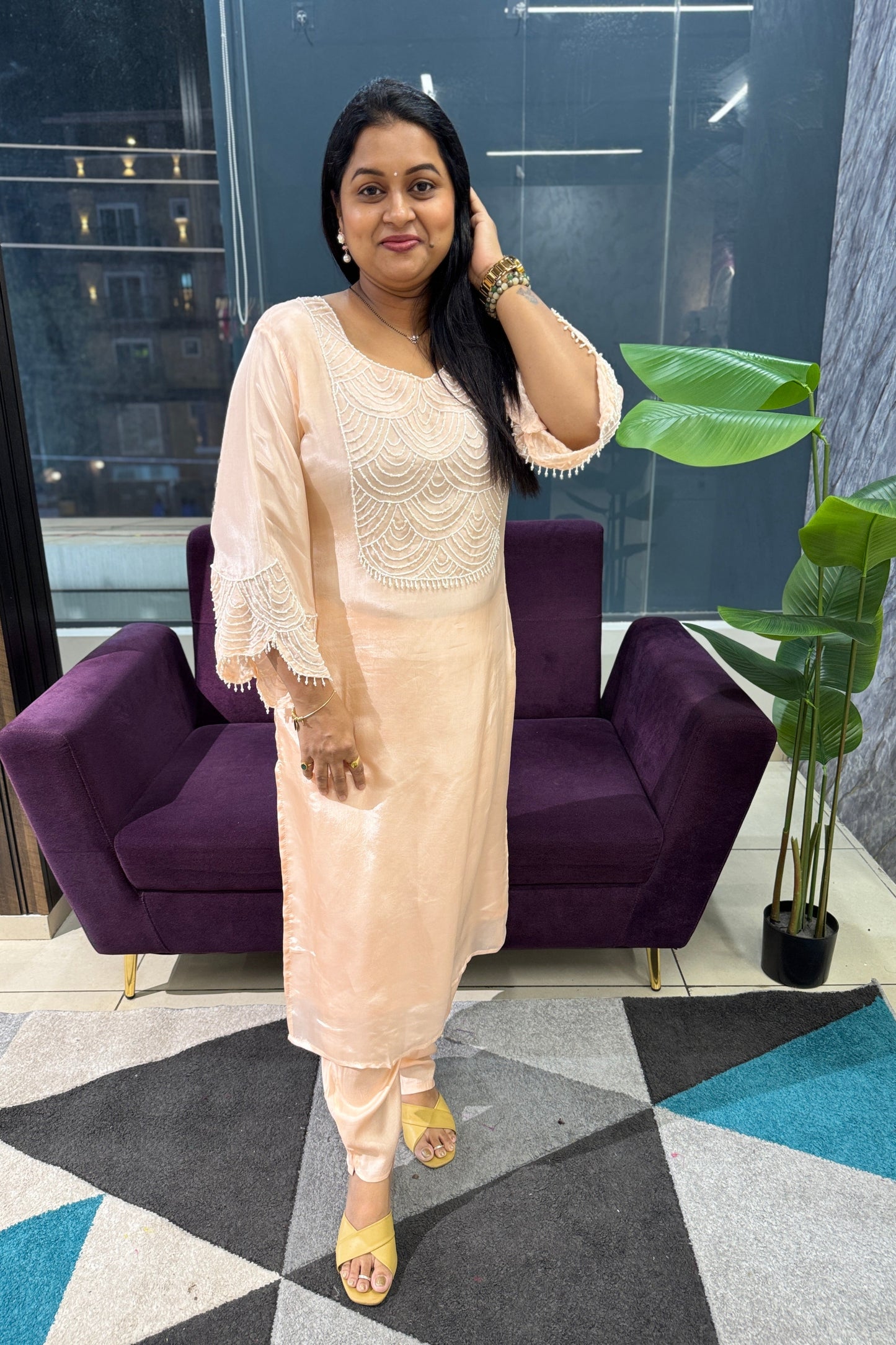 Pearl Work Designer Suit Set In Peach Colour