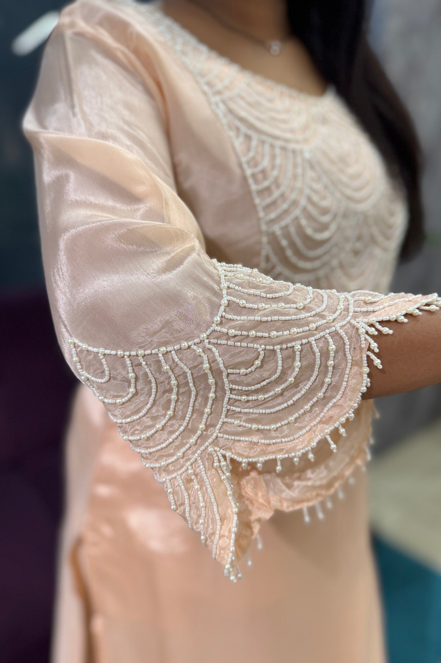 Pearl Work Designer Suit Set In Peach Colour