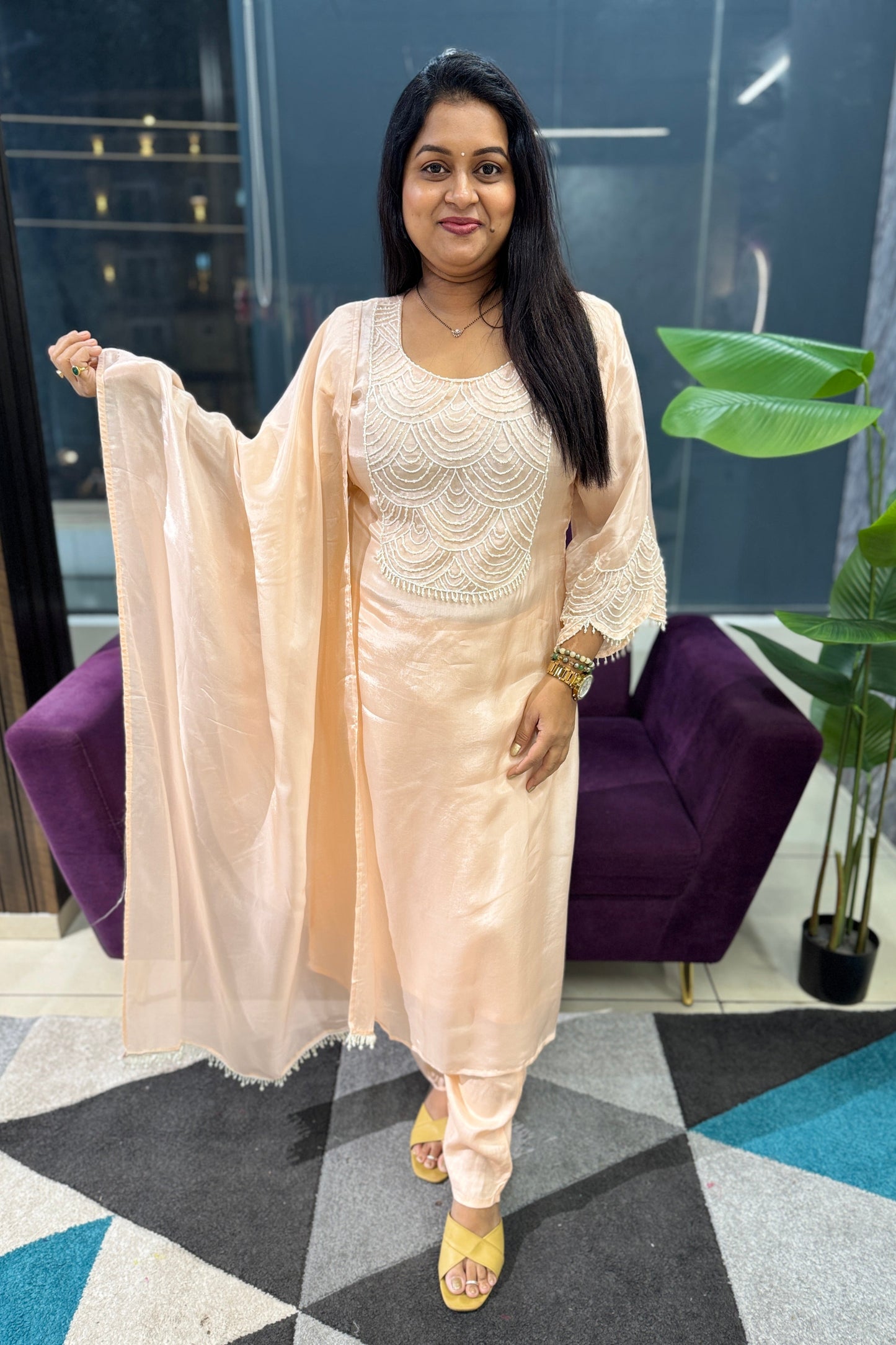 Pearl Work Designer Suit Set In Peach Colour