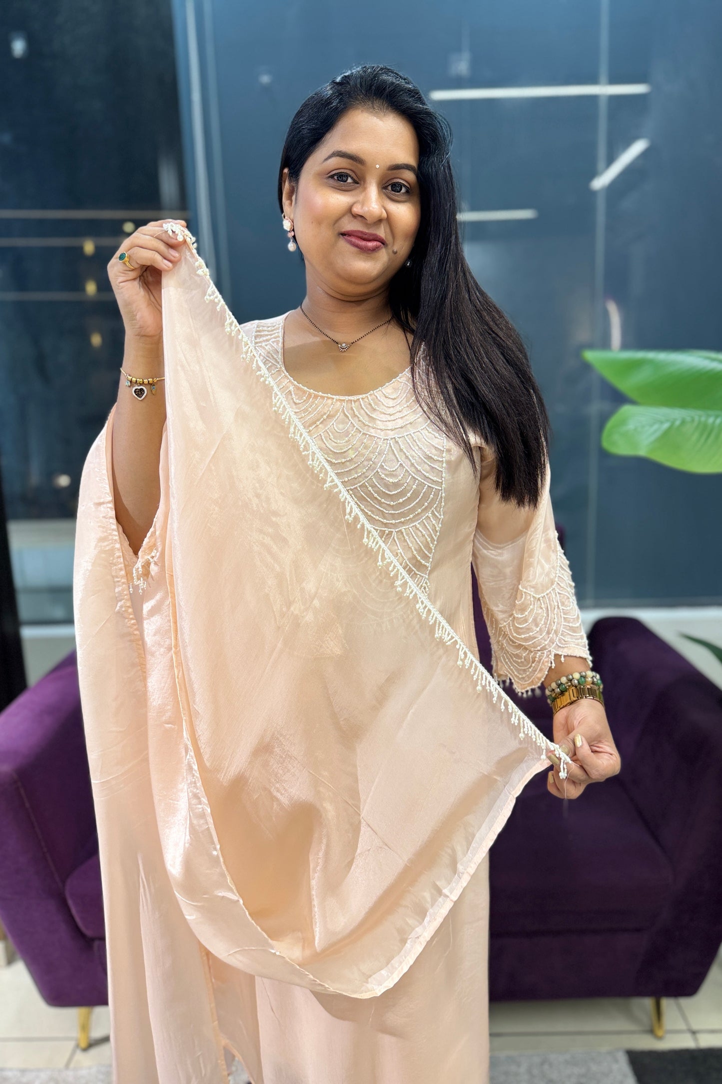 Pearl Work Designer Suit Set In Peach Colour