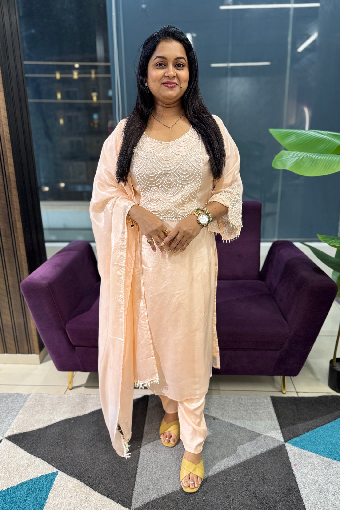 Pearl Work Designer Suit Set In Peach Colour