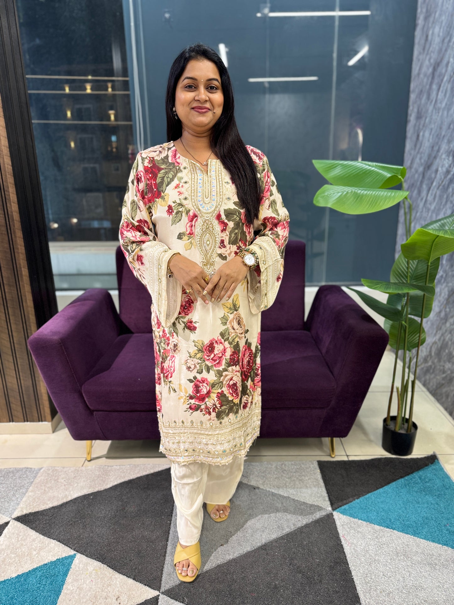Cream and Red Floral Pure Crepe Designer Article