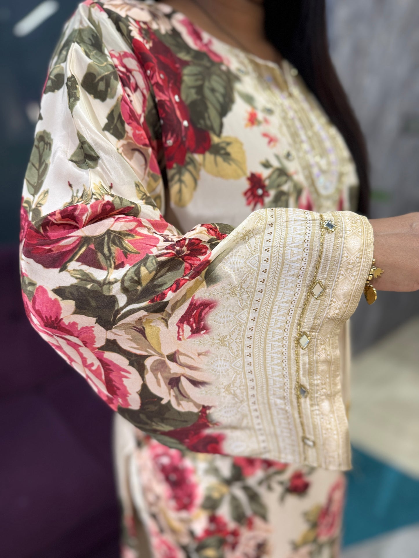 Cream and Red Floral Pure Crepe Designer Article