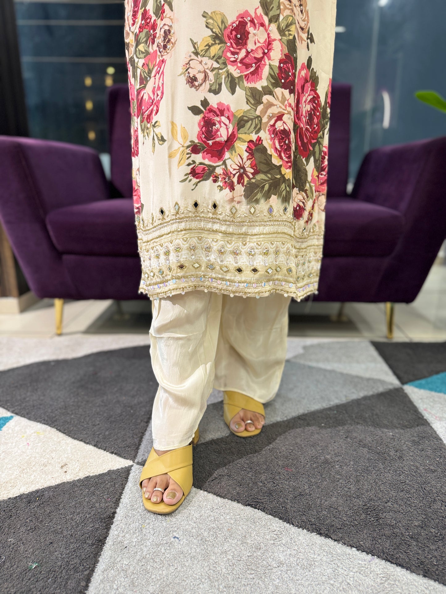 Cream and Red Floral Pure Crepe Designer Article