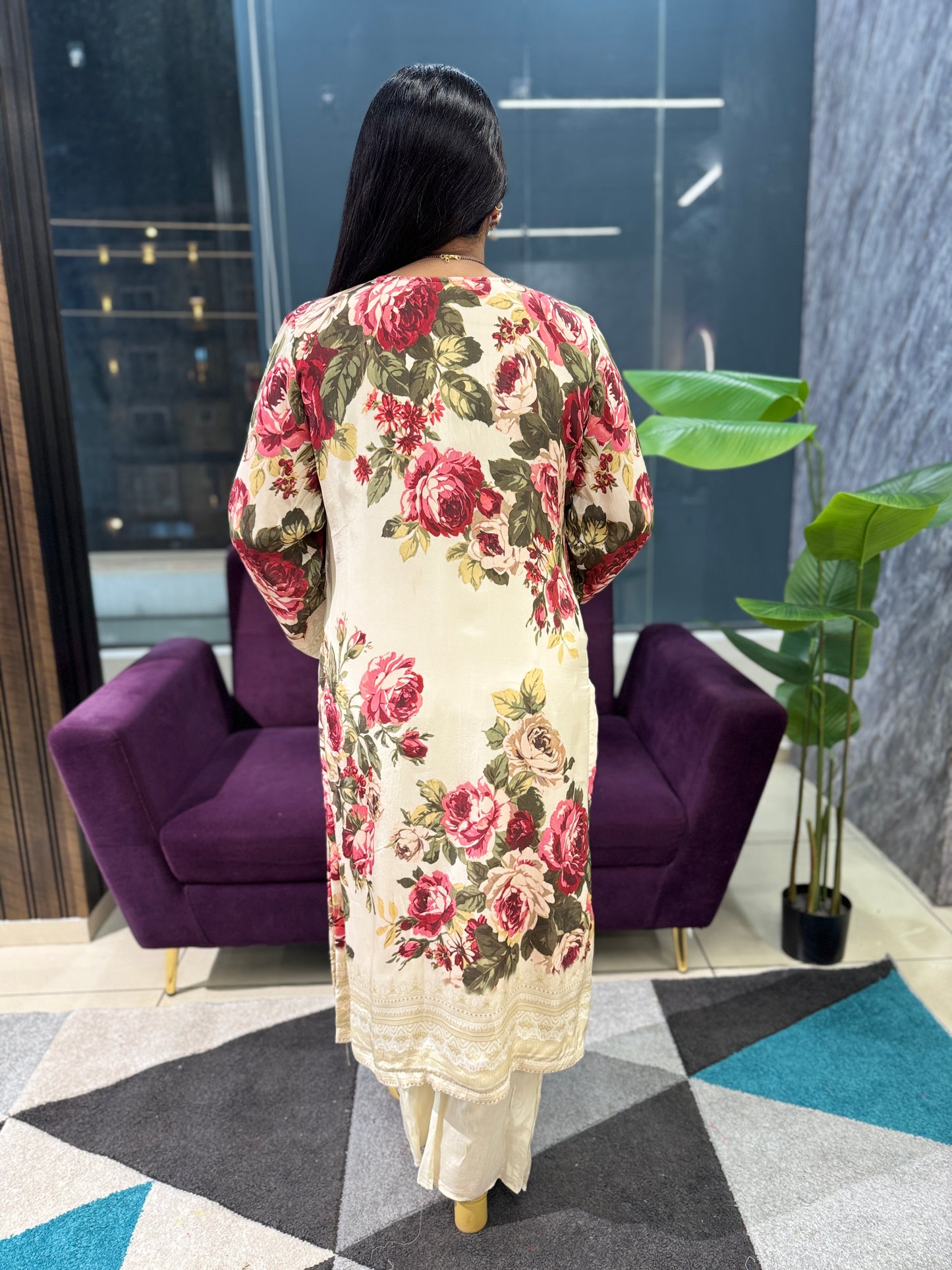 Cream and Red Floral Pure Crepe Designer Article