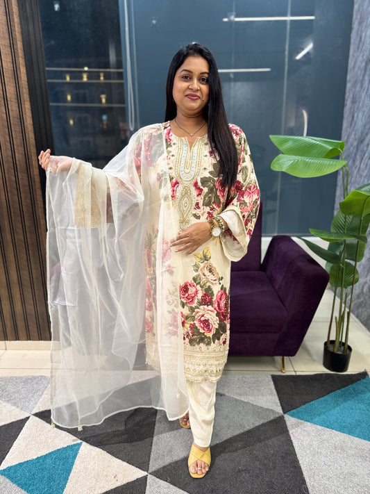 Cream and Red Floral Pure Crepe Designer Article