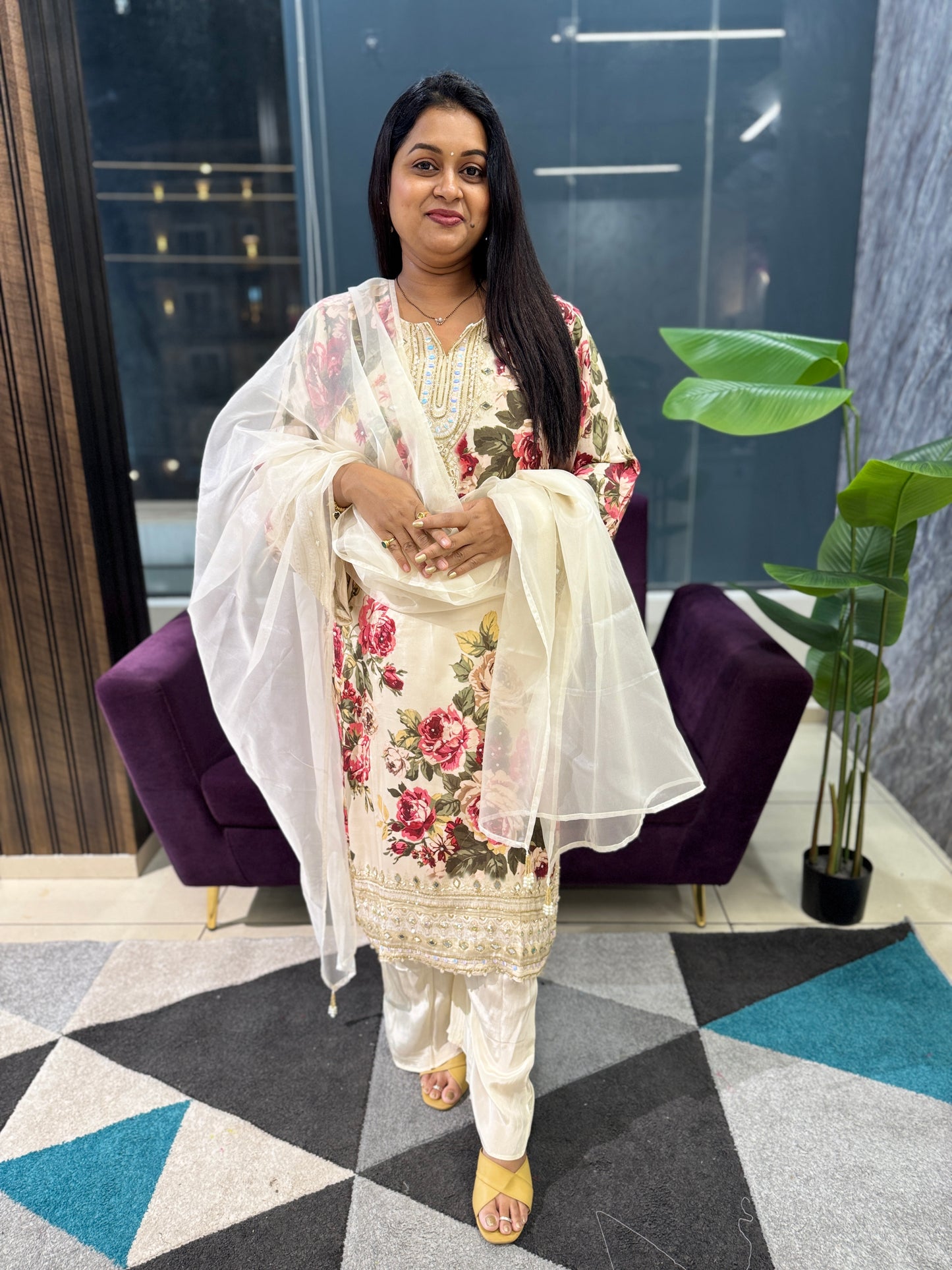 Cream and Red Floral Pure Crepe Designer Article