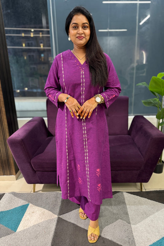 Purple block print kurti pant