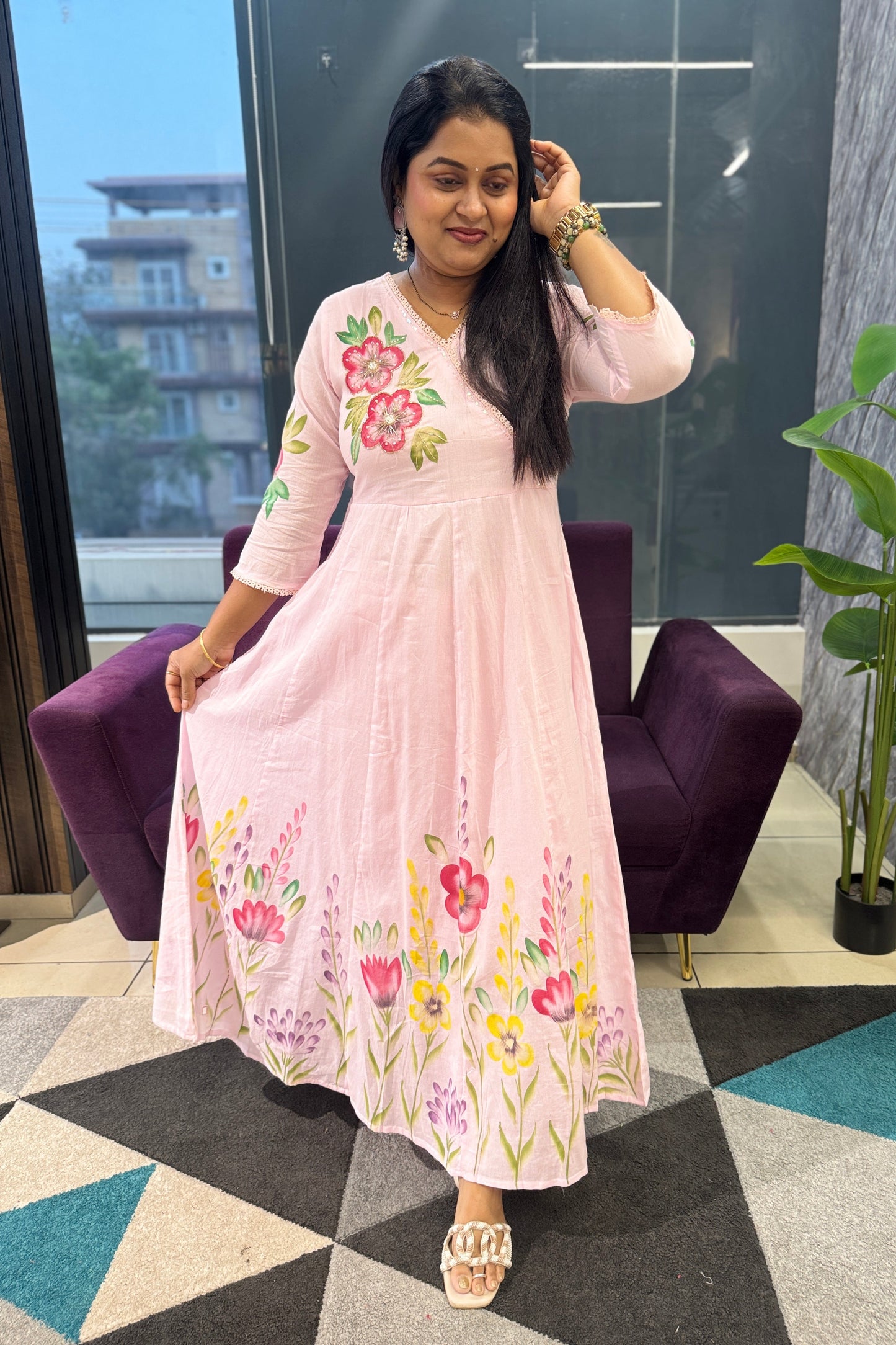 Handpainted Pink Anarkali