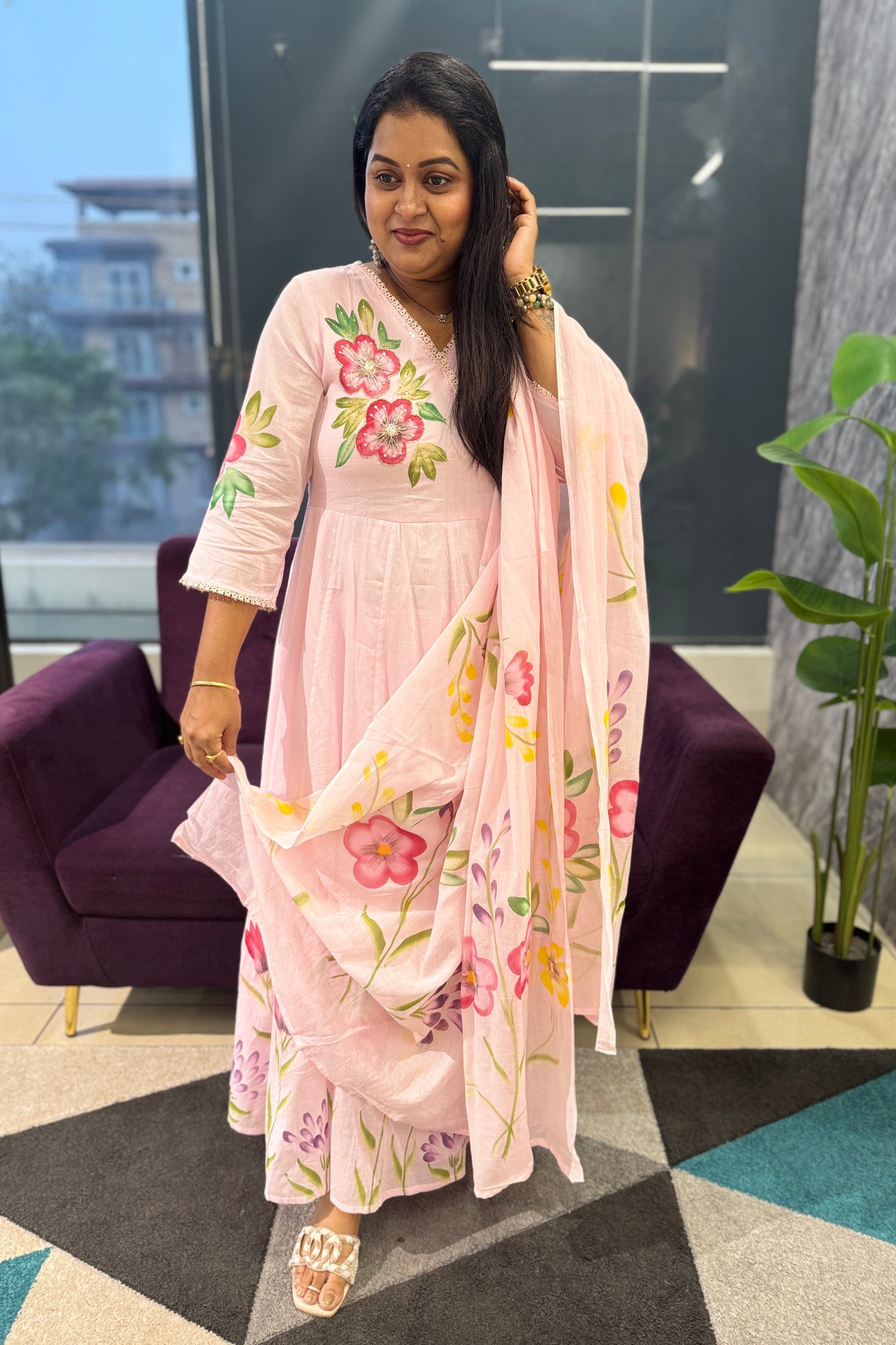 Handpainted Pink Anarkali