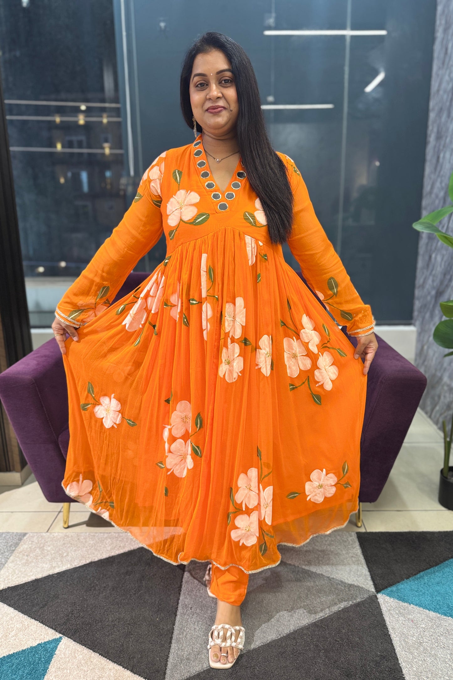 Chiffon Handpaint Orange Anarkali