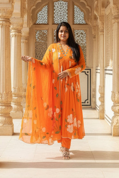 Chiffon Handpaint Orange Anarkali