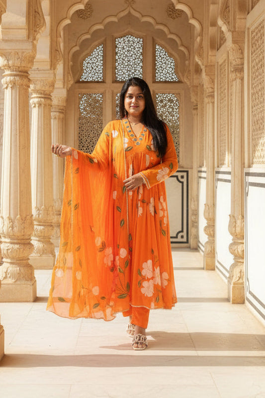 Chiffon Handpaint Orange Anarkali