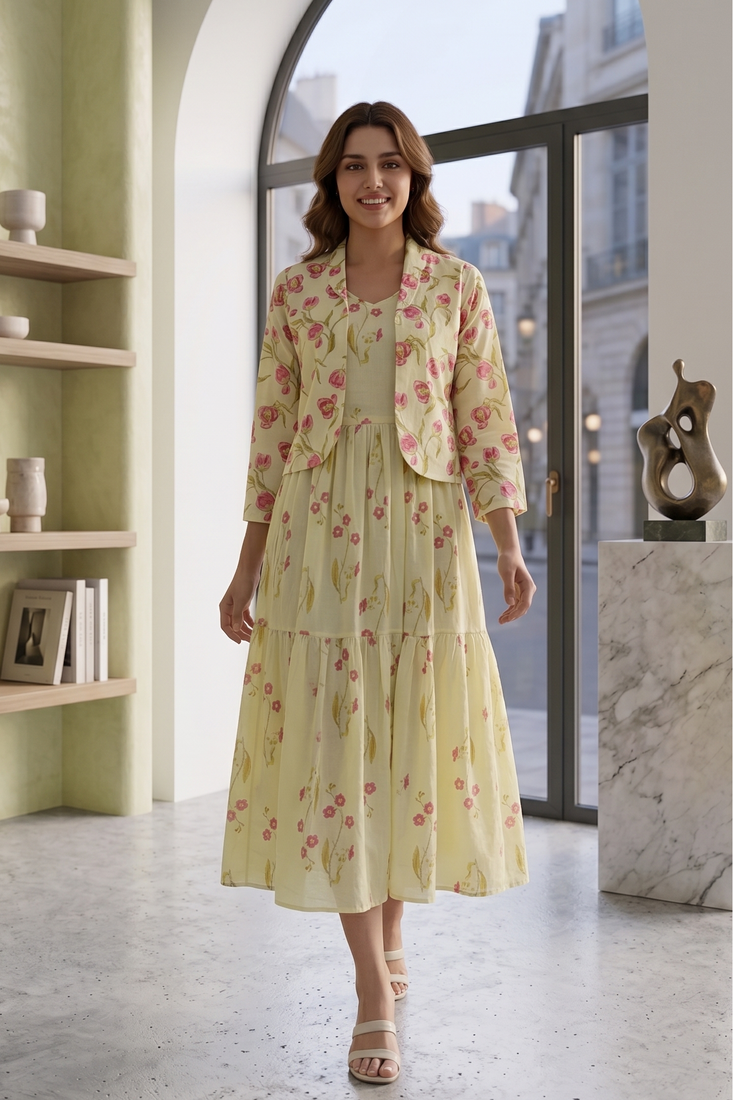 Floral Green Jacket Pattrn Frock