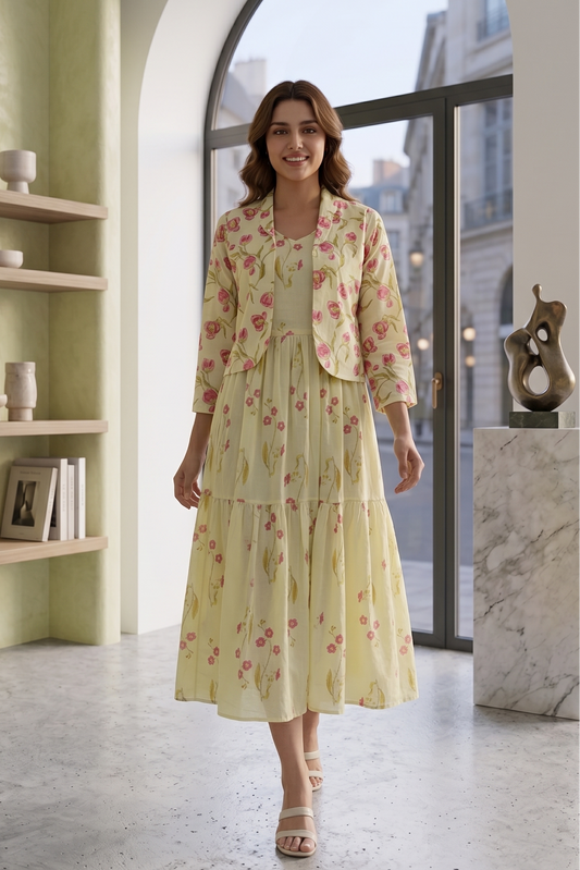Floral Green Jacket Pattrn Frock