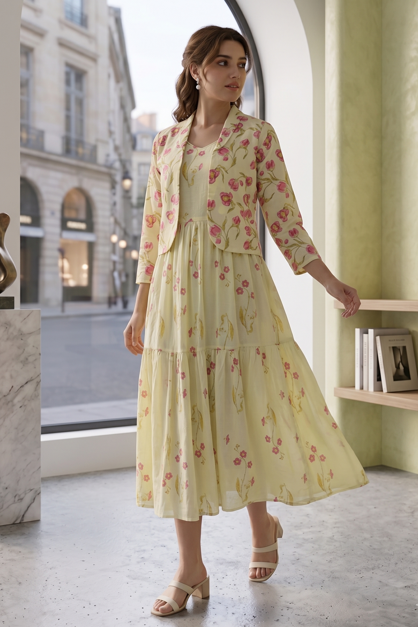 Floral Green Jacket Pattrn Frock