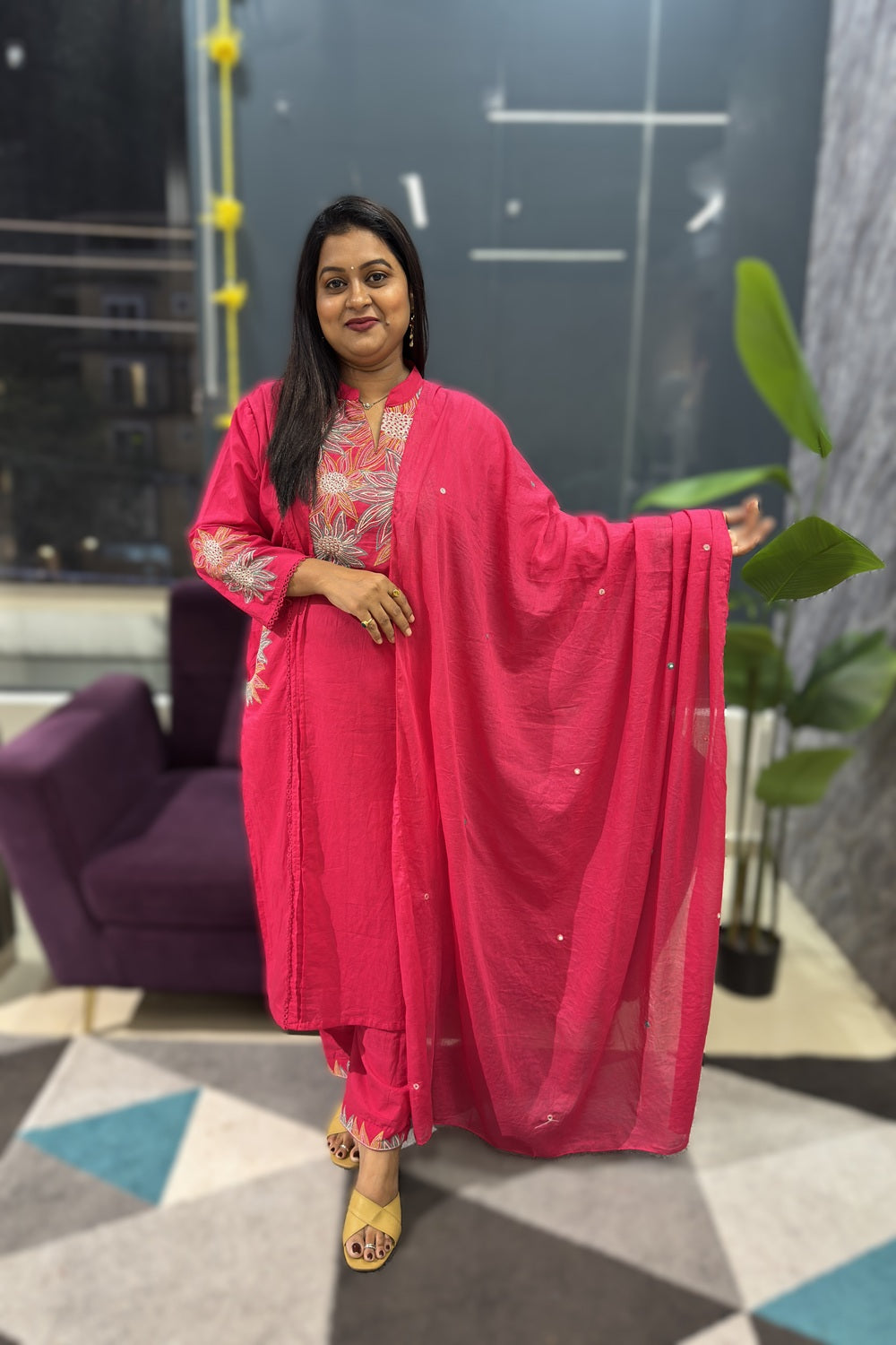 Pink Cotton Suit with suttle embroidery and pocktes on both the sides