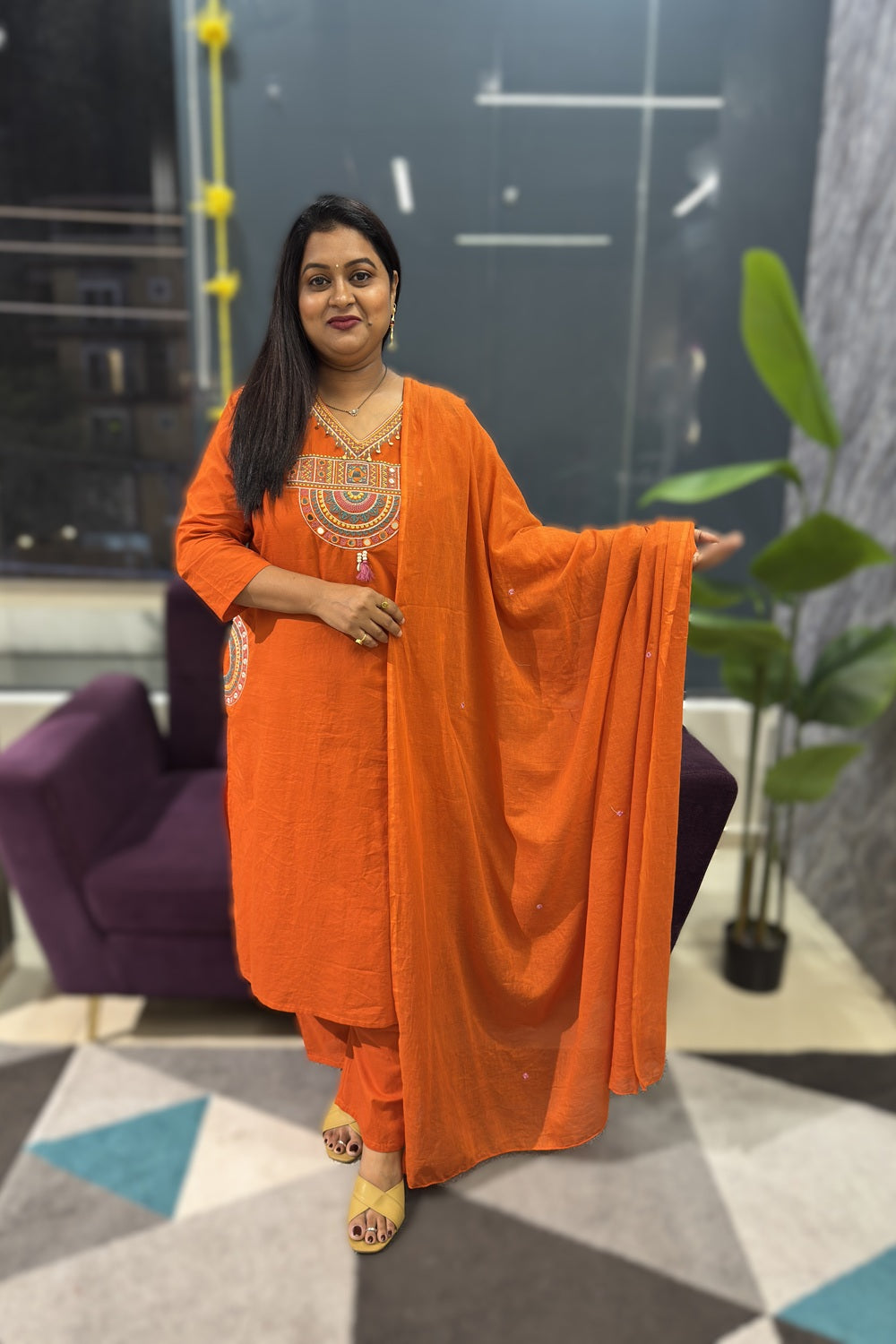 V neck with multicolour Embriodery with pockets on both the sides