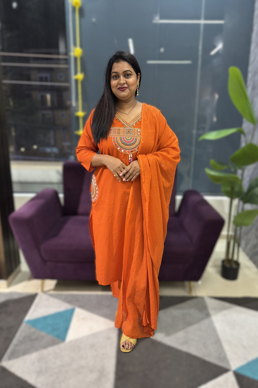 V neck with multicolour Embriodery with pockets on both the sides