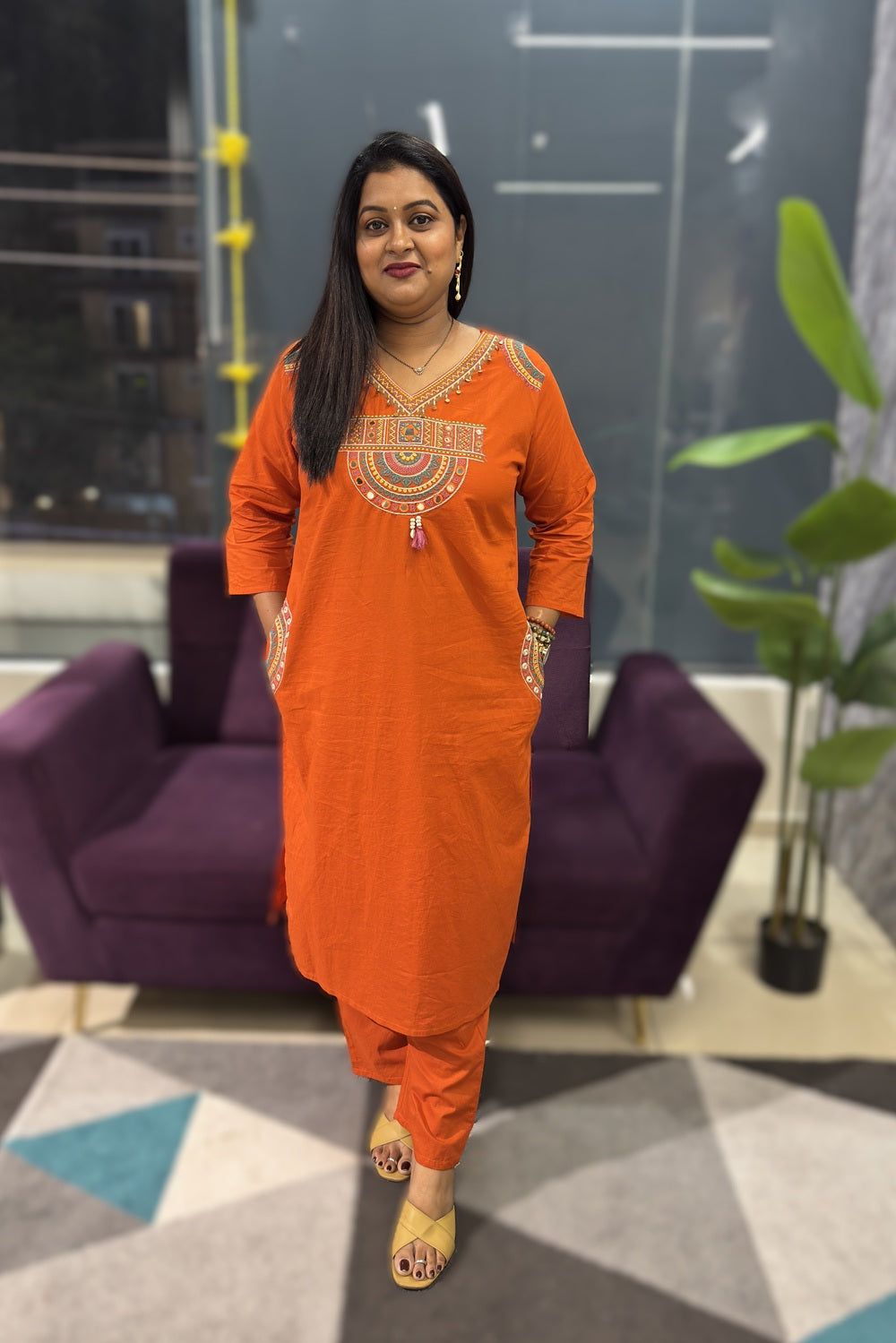 V neck with multicolour Embriodery with pockets on both the sides