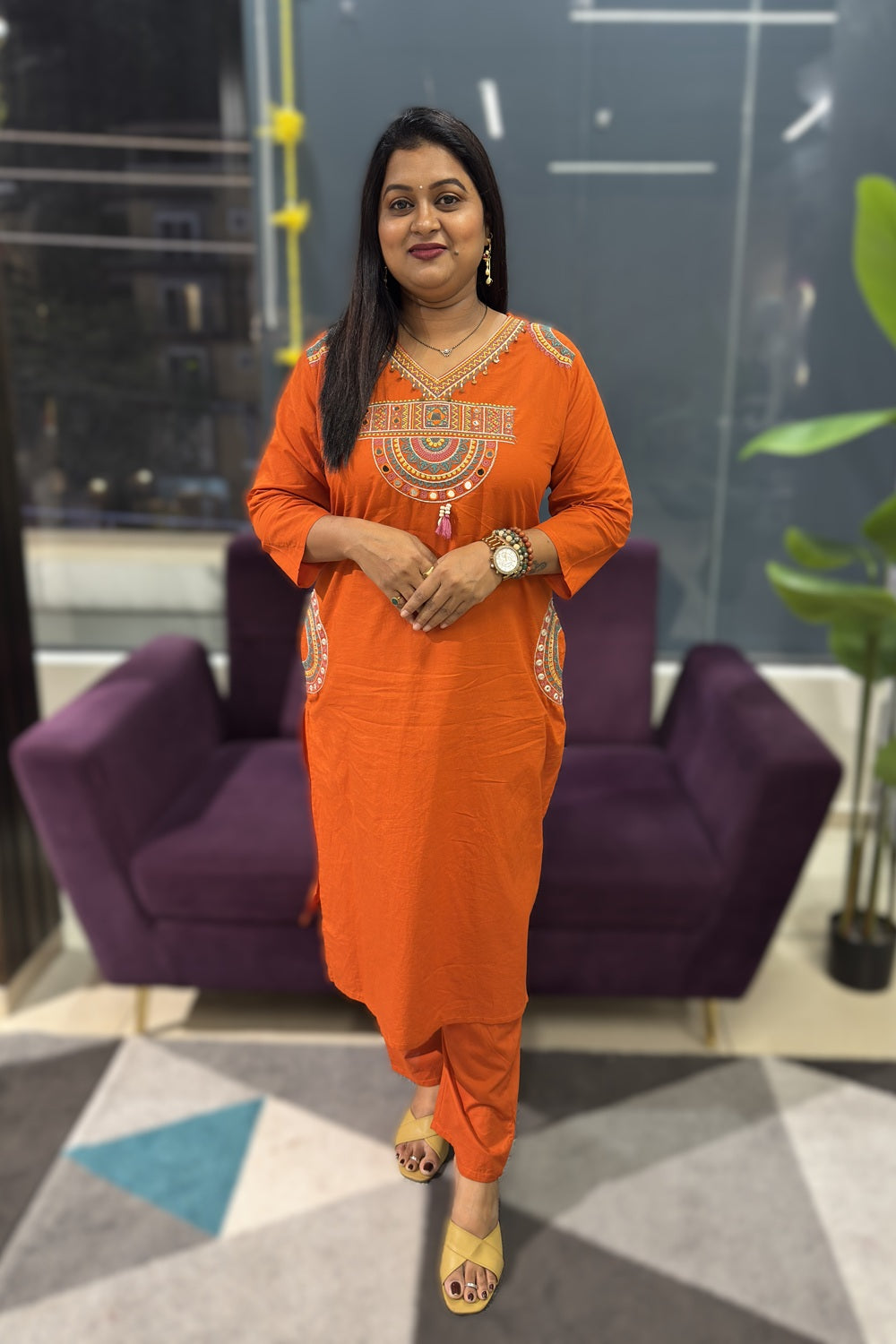 V neck with multicolour Embriodery with pockets on both the sides