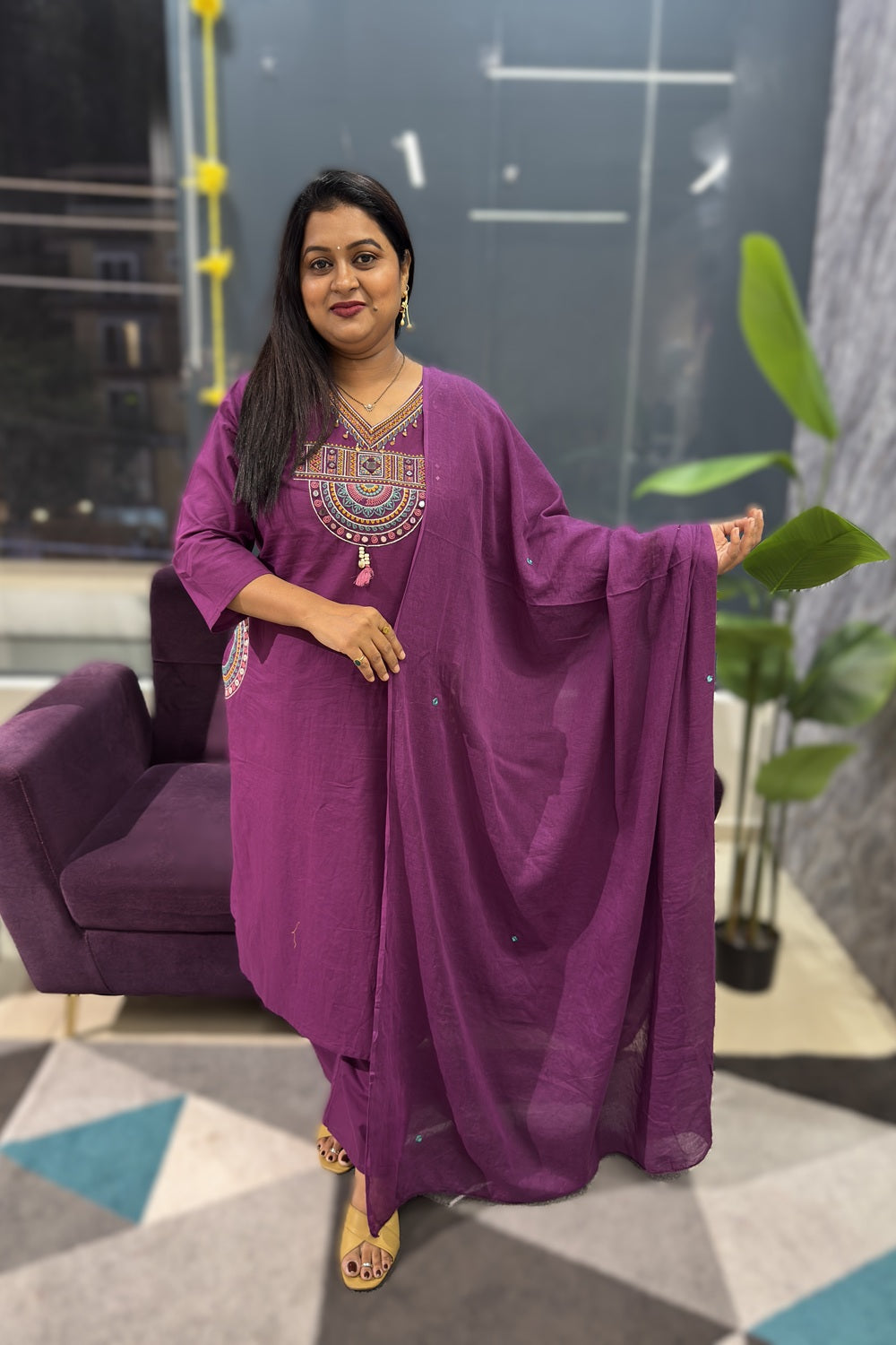 V neck with multicolour Embriodery with pockets on both the sides